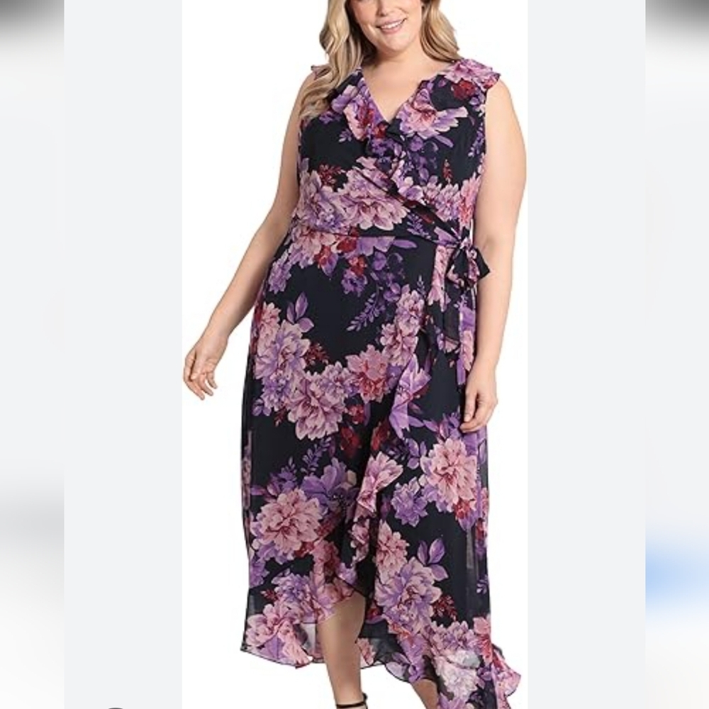 London Times Dark Floral Ruffled Midi Dress. Wedding Guest, Garden Party - Picture 3 of 14